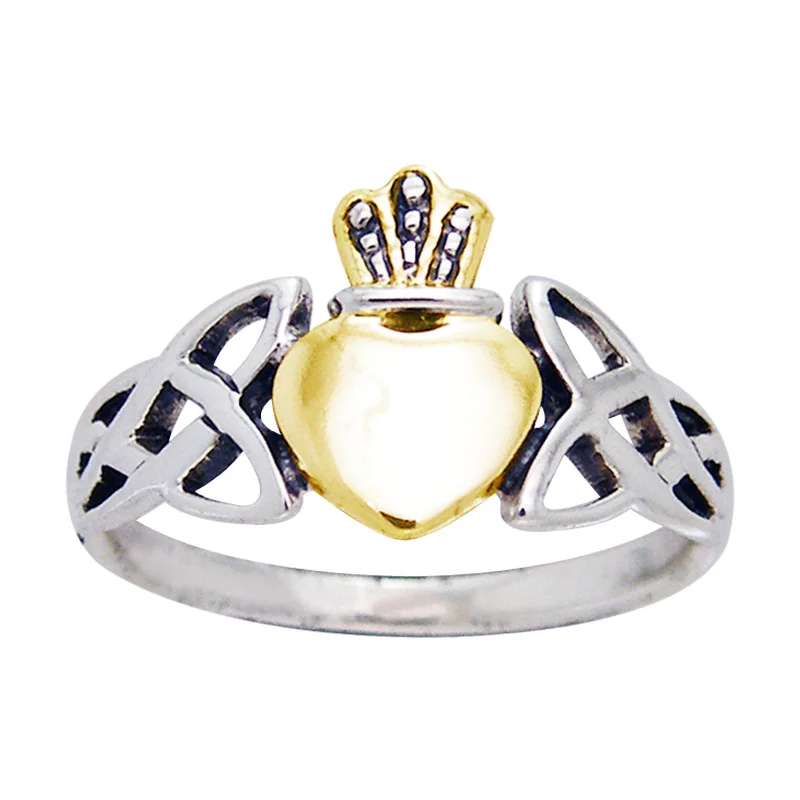 men’s rings with sapphires for wedding engagement rings with rubies-Two Tone Irish Claddagh Celtic Knotwork Sterling Silver Ring